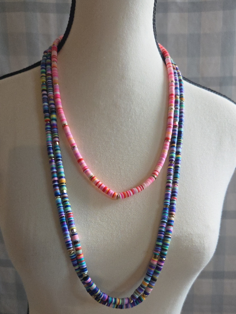 Layered Multicolor & Pink Disc Bead Necklace with Gold Accents